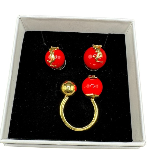 Yves Saint Laurent Jewelry - YSL Red and Gold Vintage Earrings and Ring Set